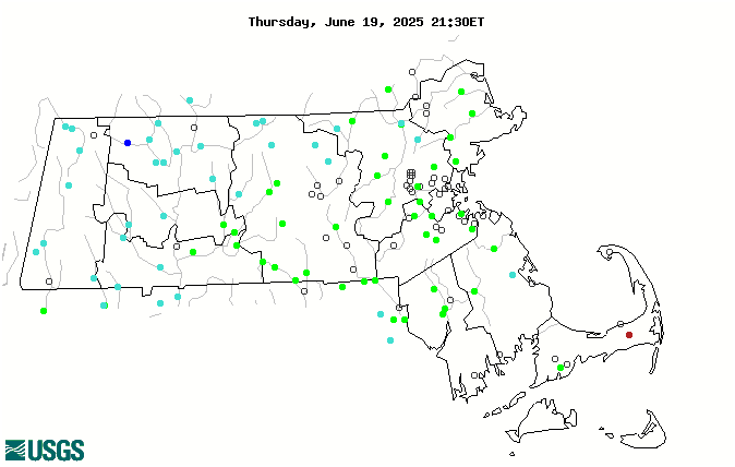 Map of Massachusetts real-time streamflow compared to historical streamflow for the day of the year.